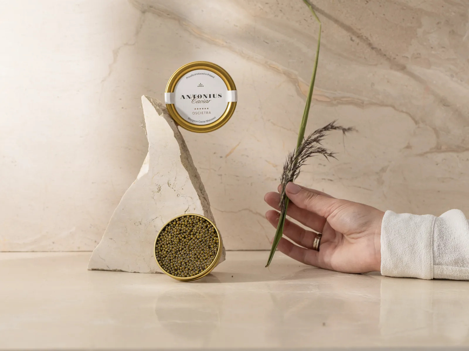 Antonius Caviar Oscietra tin resting on pale marble stone