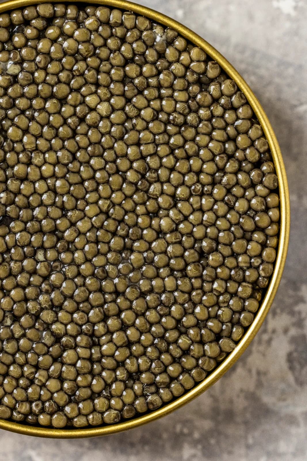 Close-up of an open gold tin of Antonius Caviar showing the individual grains
